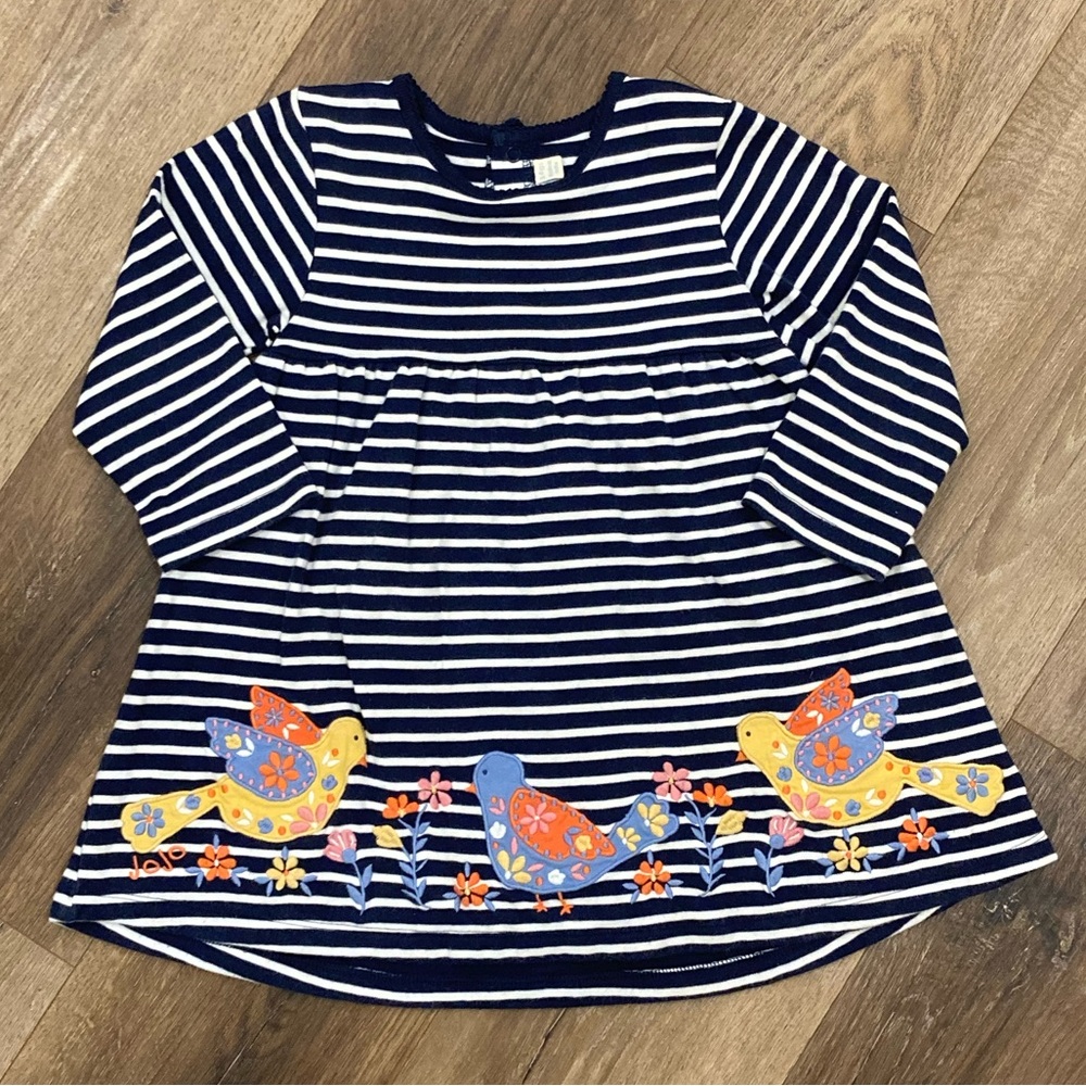 Jojo Maman Bebe Bird Appliqué Stripe Dress Long Sleeve Outfit Lined 3t-4t